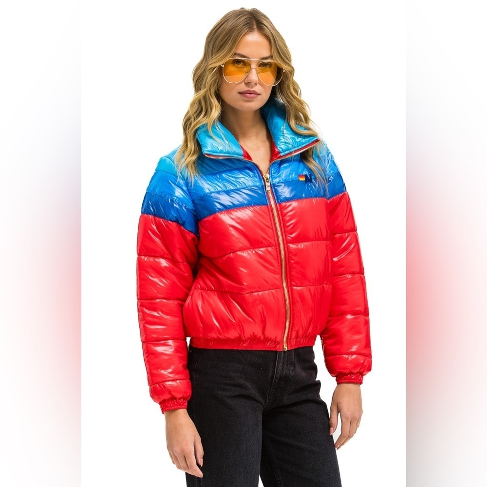 Aviator Nation Color Block Luxe Après Puffer Jacket Glossy Cherry XS Rare - Picture 2 of 16